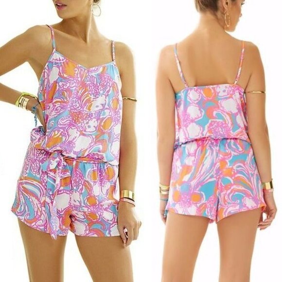 Lilly Pulitzer Deanna Romper Shorely Blue Feeling Tanked Removable Belt Small - Picture 2 of 14